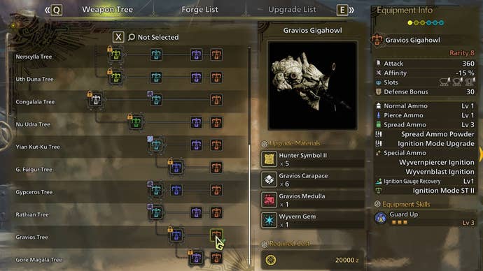 The weapon crafting screen in Monster Hunter Wilds, with the Gravios Gigahowl selected in the weapon tree.