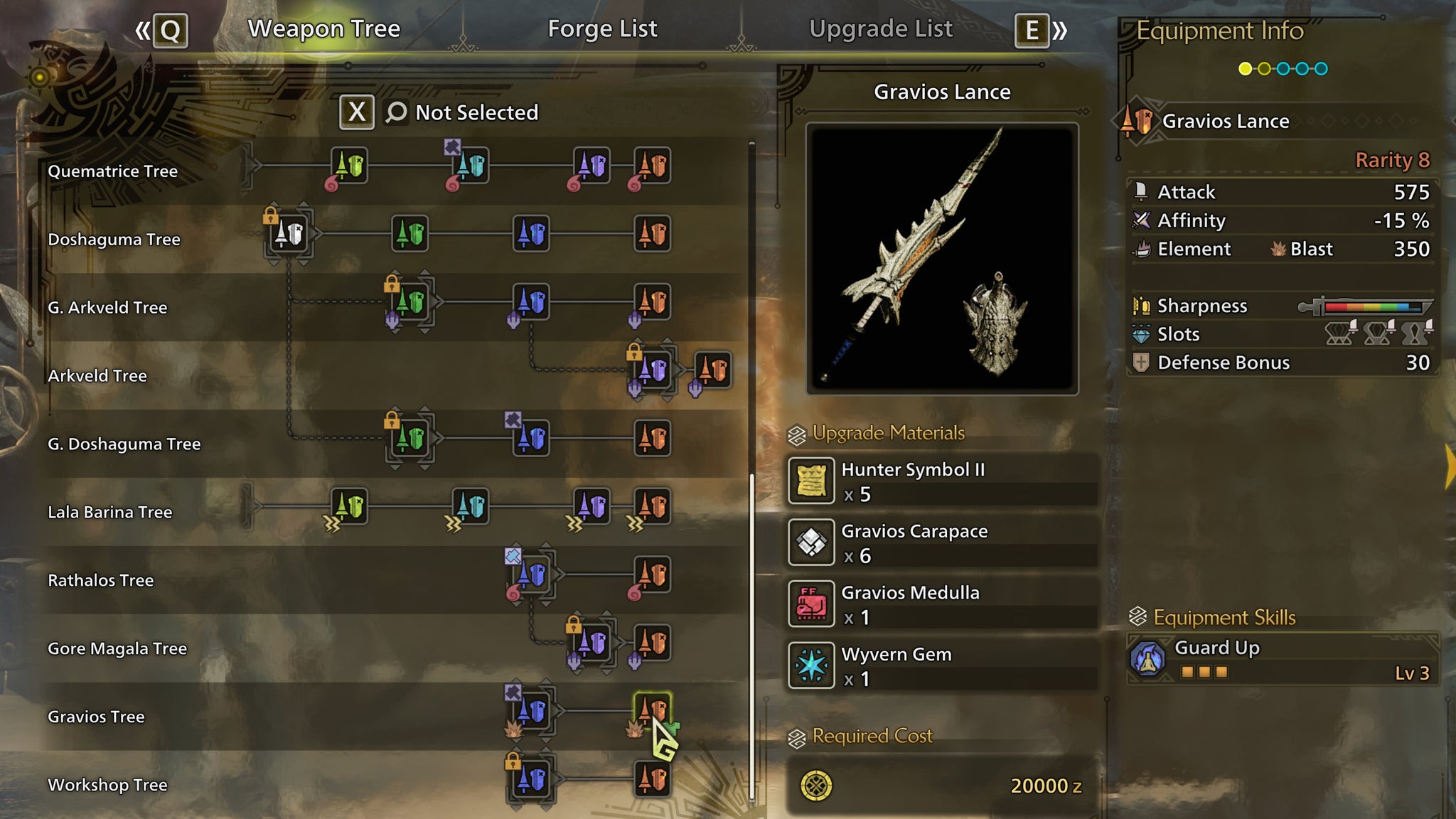 The weapon crafting screen in Monster Hunter Wilds, with the Gravios Lance selected in the weapon tree. - 6