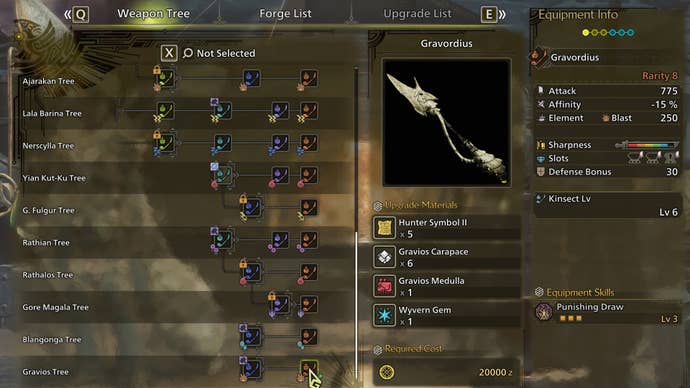 The weapon crafting screen in Monster Hunter Wilds, with the Gravordius selected in the weapon tree.