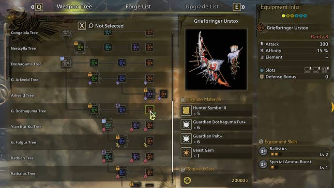 The weapon crafting screen in Monster Hunter Wilds, with the Griefbringer Urstox selected in the weapon tree.