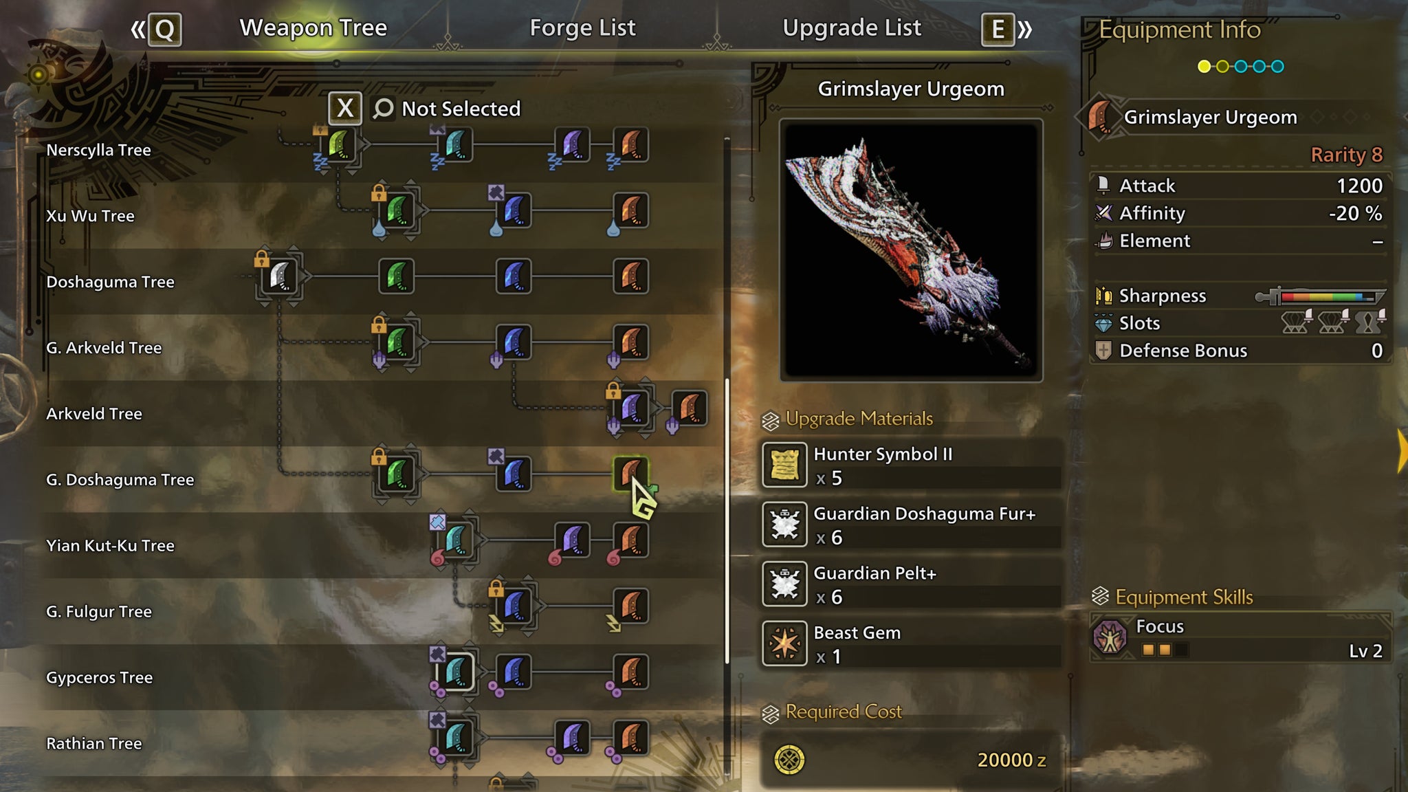 The weapon crafting screen in Monster Hunter Wilds, with the Grimslayer Urgeom selected in the weapon tree. - 6