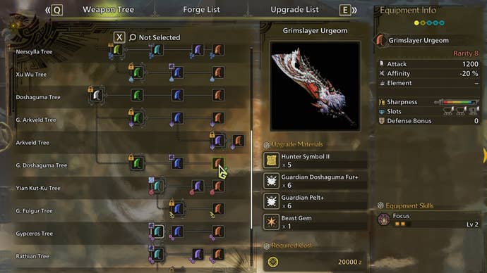 The weapon crafting screen in Monster Hunter Wilds, with the Grimslayer Urgeom selected in the weapon tree.