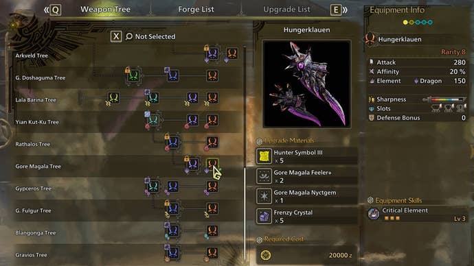 The weapon crafting screen in Monster Hunter Wilds, with the Hungerklauen selected in the weapon tree.