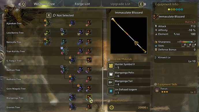The weapon crafting screen in Monster Hunter Wilds, with the Immaculate Blizzard selected in the weapon tree.