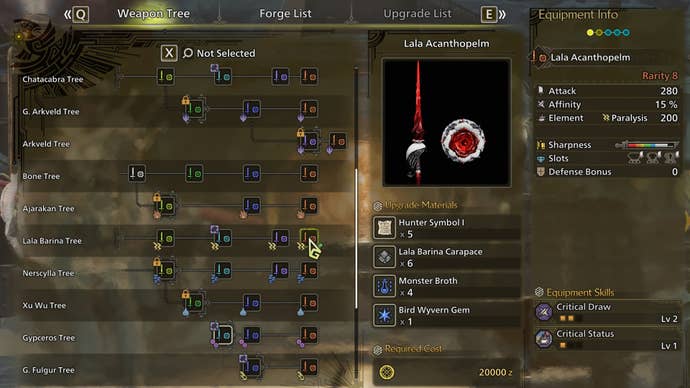 The weapon crafting screen in Monster Hunter Wilds, with the Lala Acanthopelm selected in the weapon tree.