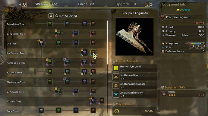 The weapon crafting screen in Monster Hunter Wilds, with the Precipice Logamtu selected in the weapon tree.