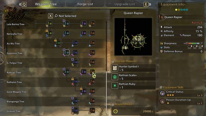 The weapon crafting screen in Monster Hunter Wilds, with the Queen Rapier selected in the weapon tree.