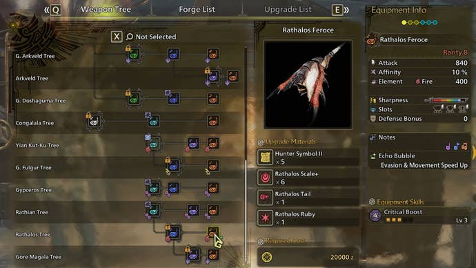 The weapon crafting screen in Monster Hunter Wilds, with the Rathalos Feroce selected in the weapon tree.