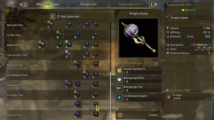 The weapon crafting screen in Monster Hunter Wilds, with the Singha Gada selected in the weapon tree.