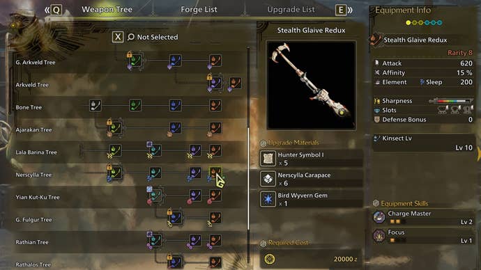 The weapon crafting screen in Monster Hunter Wilds, with the Stealth Glaive Redux selected in the weapon tree.