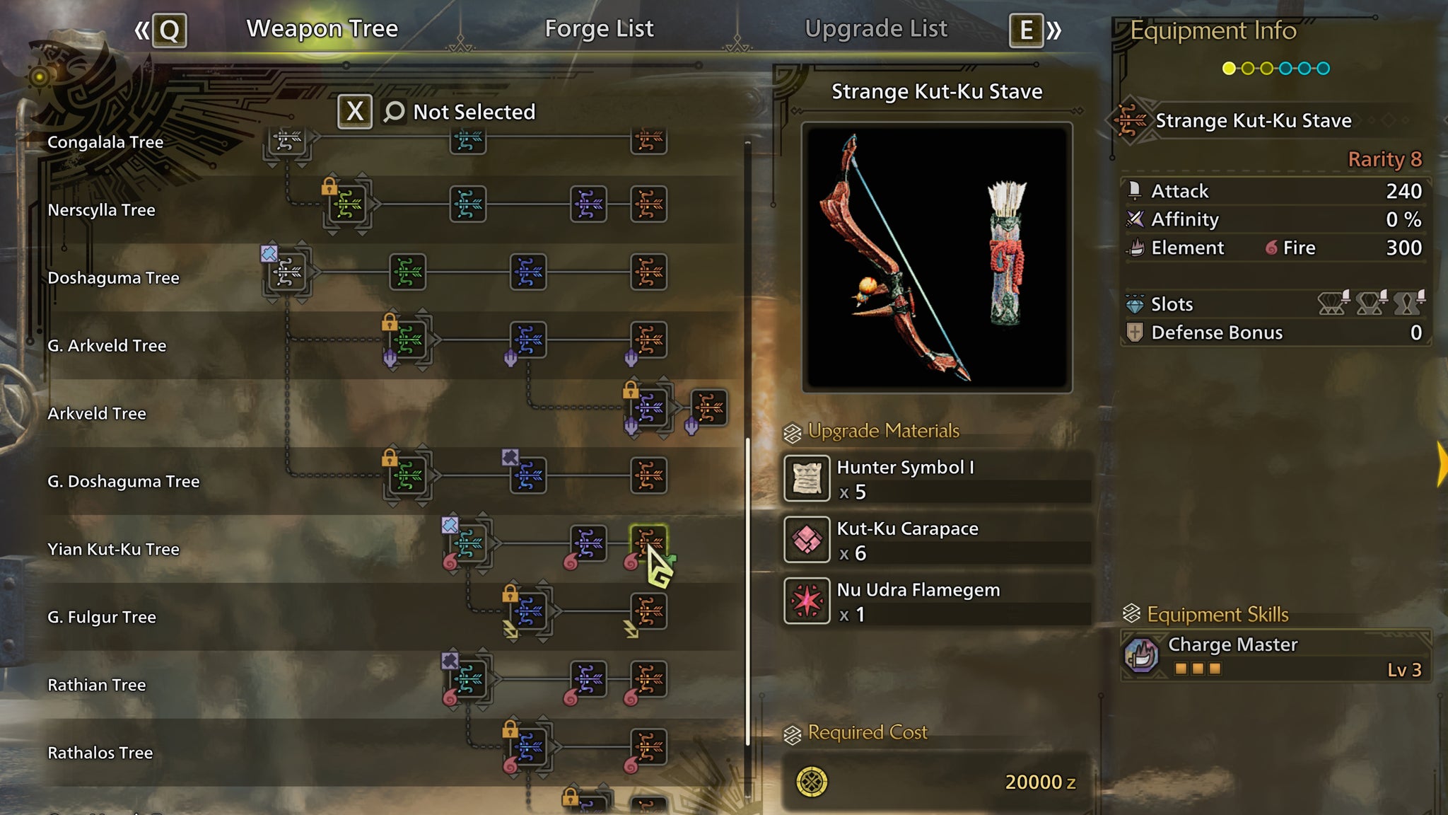 The weapon crafting screen in Monster Hunter Wilds, with the Strange Kut-Ku Stave selected in the weapon tree. - 8