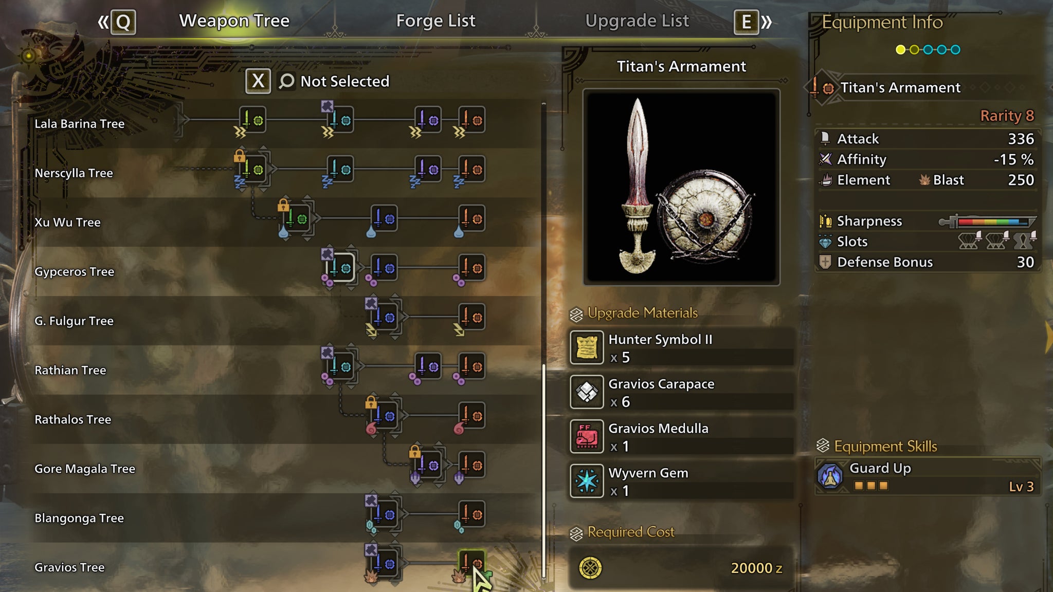 The weapon crafting screen in Monster Hunter Wilds, with the Titan's Armament selected in the weapon tree. - 8