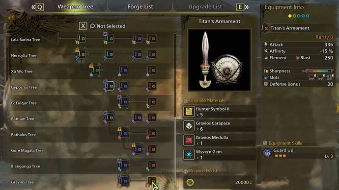 The weapon crafting screen in Monster Hunter Wilds, with the Titan’s Armament selected in the weapon tree.