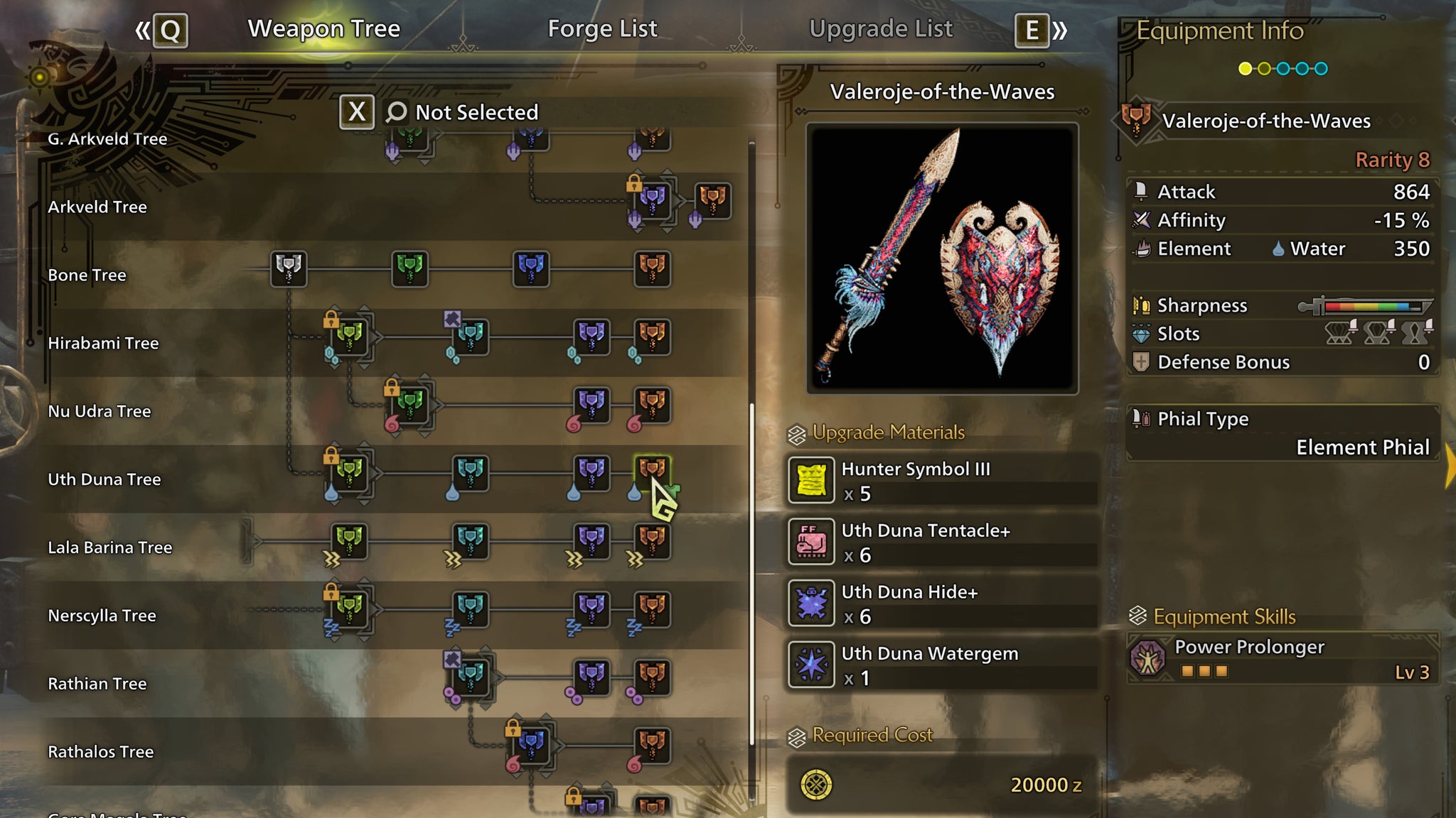 The weapon crafting screen in Monster Hunter Wilds, with the Valeroje-Of-The-Waves selected in the weapon tree. - 6