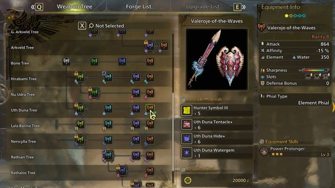 The weapon crafting screen in Monster Hunter Wilds, with the Valeroje-Of-The-Waves selected in the weapon tree.