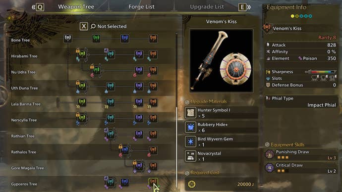 The weapon crafting screen in Monster Hunter Wilds, with the Venom’s Kiss selected in the weapon tree.