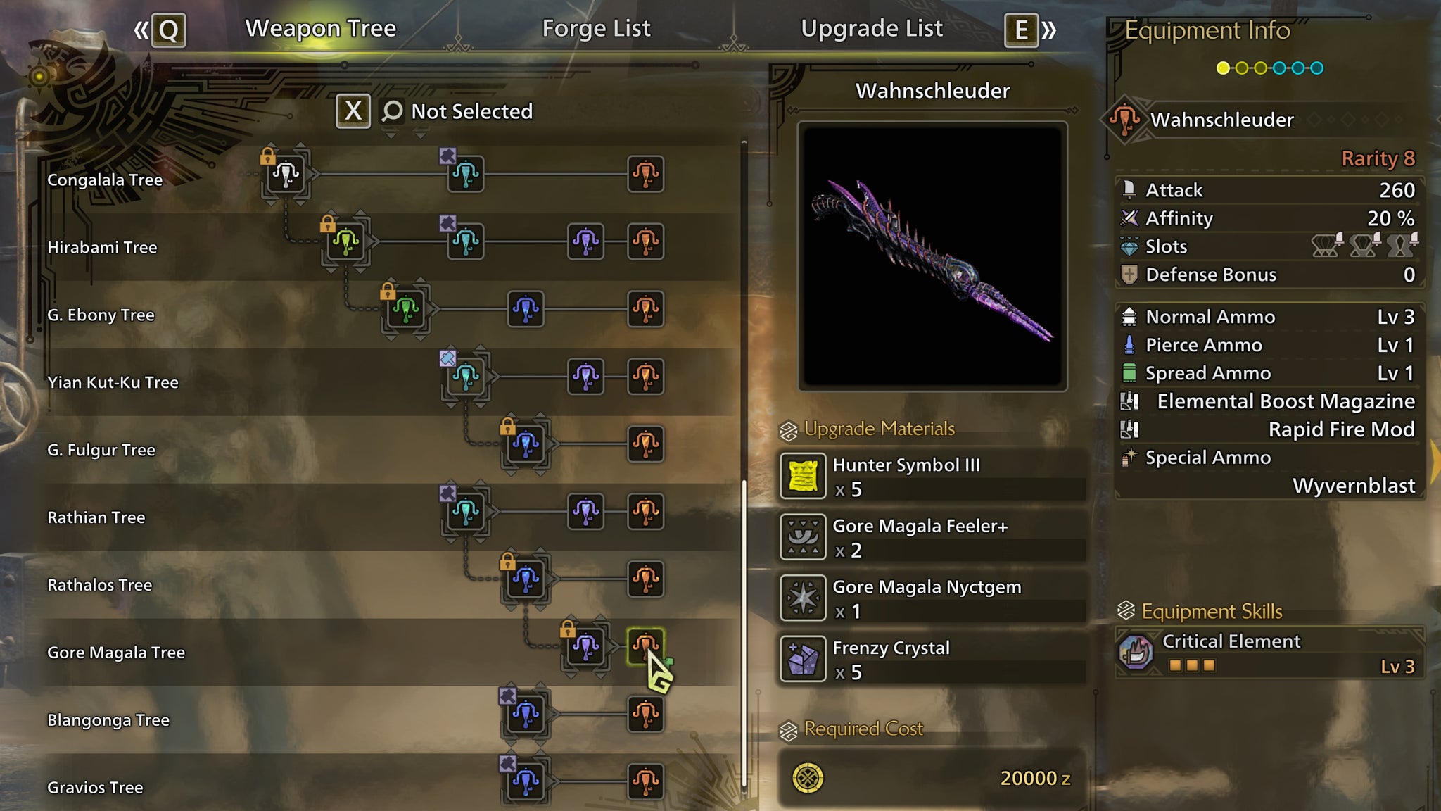 The weapon crafting screen in Monster Hunter Wilds, with the Wahnschleuder selected in the weapon tree. - 8