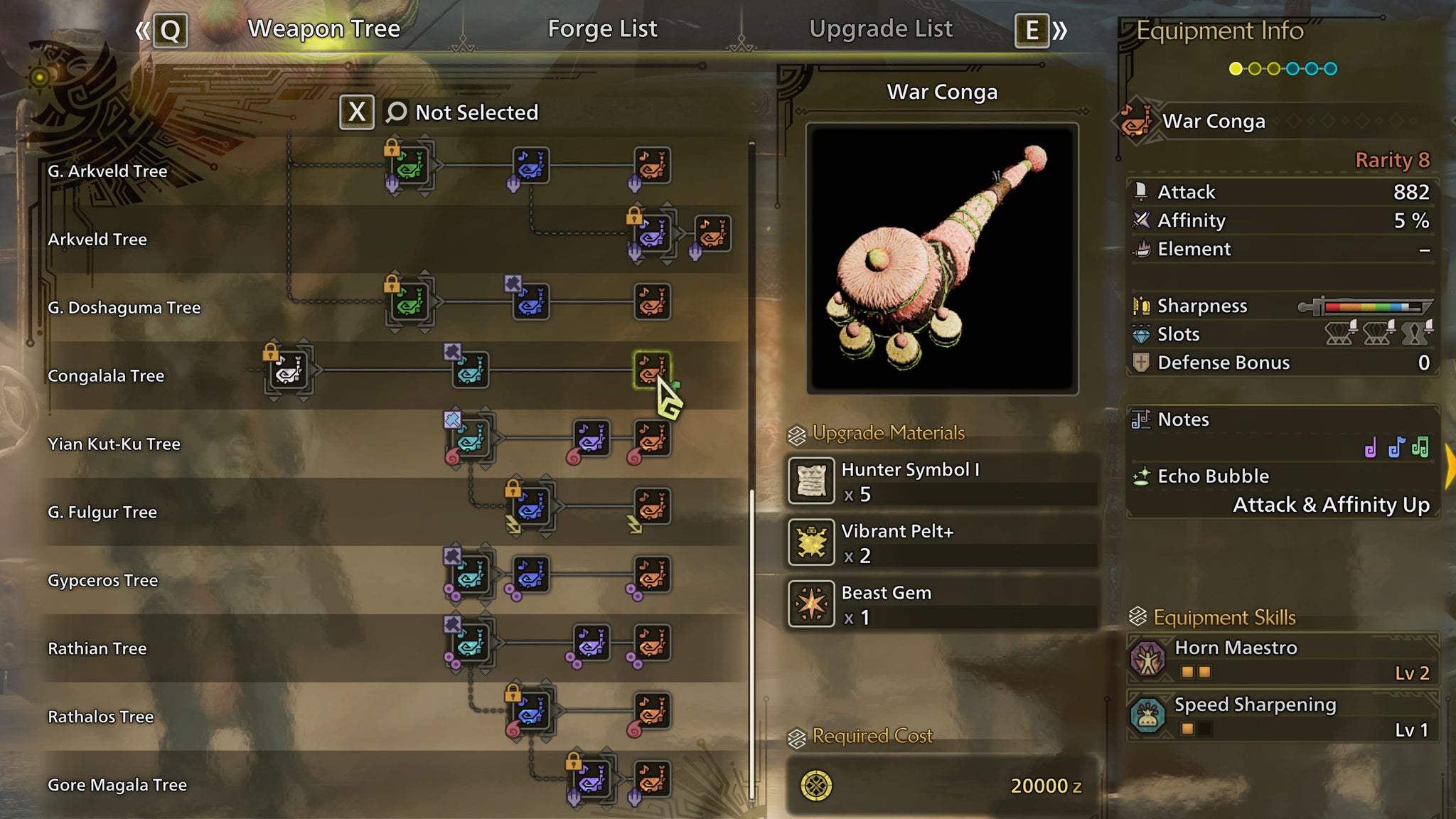 The weapon crafting screen in Monster Hunter Wilds, with the War Conga selected in the weapon tree. - 5