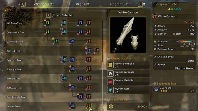 The weapon crafting screen in Monster Hunter Wilds, with the White Cannon selected in the weapon tree.