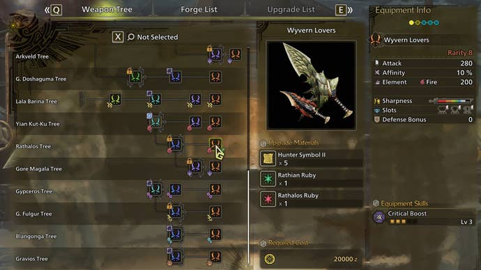 The weapon crafting screen in Monster Hunter Wilds, with the Wyvern Lovers selected in the weapon tree.