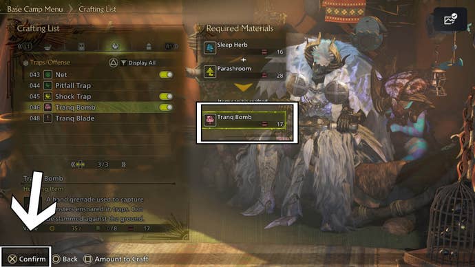 monster hunter wilds crafting tranq bombs in crafting menu