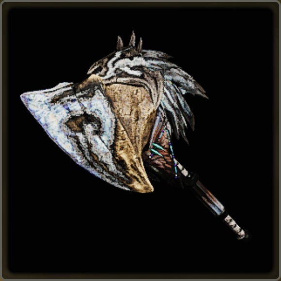 A close-up of a weapon in Monster Hunter Wilds against a black background.