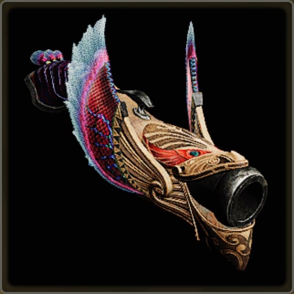 A close-up of a weapon in Monster Hunter Wilds against a black background.