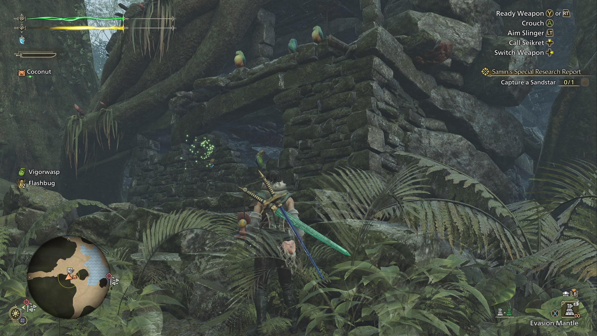 The hunter in Monster Hunter Wilds looks at some Dapperwings perched atop the edges of some ruins in the Scarlet Forest. - 5