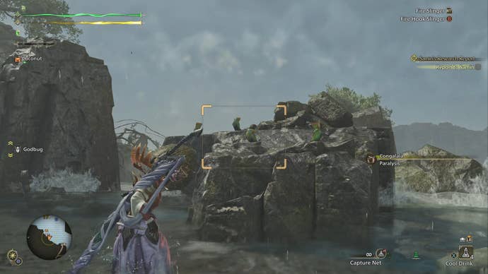 The hunter in Monster Hunter Wilds looks at some Dapperwings perching on a rock at a beach.