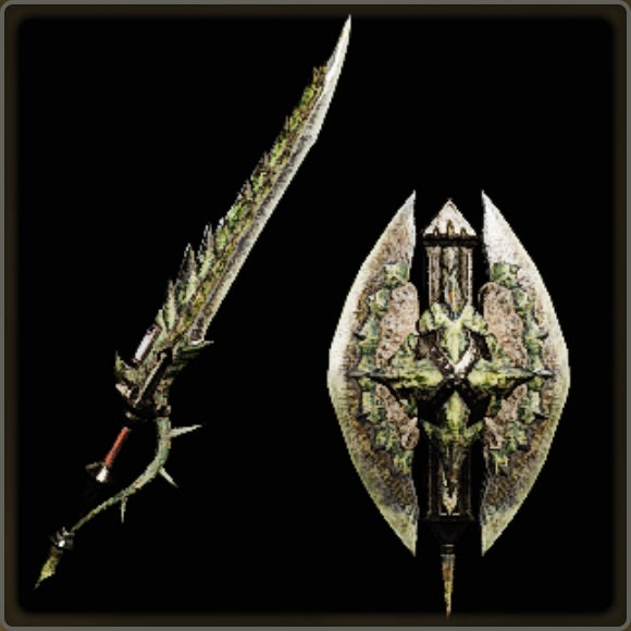 A close-up of a weapon in Monster Hunter Wilds against a black background. - 19