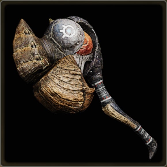 A close-up of a weapon in Monster Hunter Wilds against a black background.