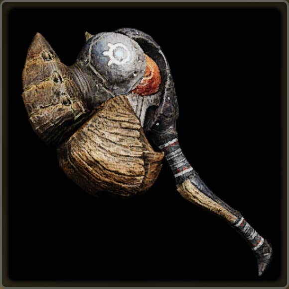 A close-up of a weapon in Monster Hunter Wilds against a black background.