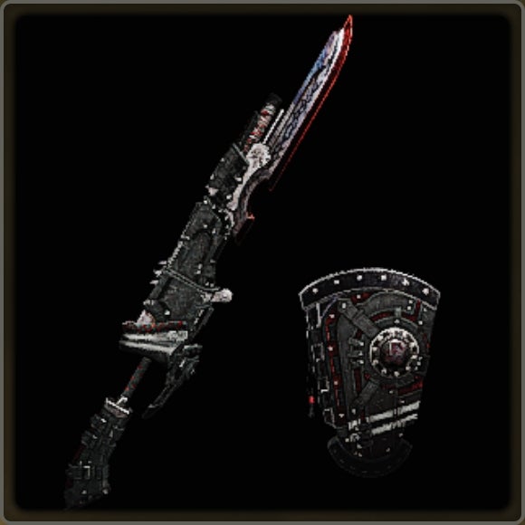 A close-up of a weapon in Monster Hunter Wilds against a black background.