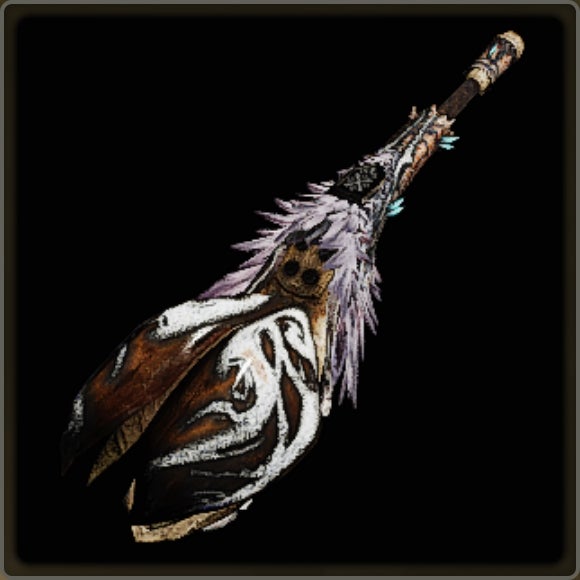 A close-up of a weapon in Monster Hunter Wilds against a black background. - 20