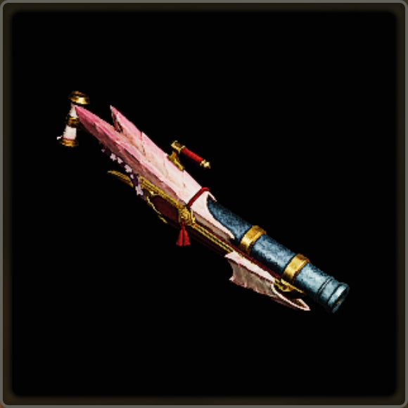 A close-up of a weapon in Monster Hunter Wilds against a black background. - 26