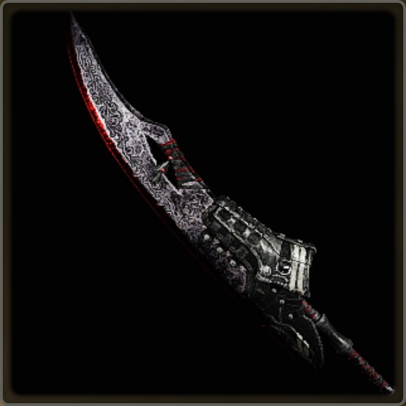 A close-up of a weapon in Monster Hunter Wilds against a black background.