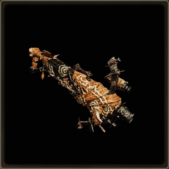 A close-up of a weapon in Monster Hunter Wilds against a black background. - 6