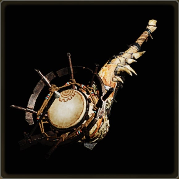 A close-up of a weapon in Monster Hunter Wilds against a black background.