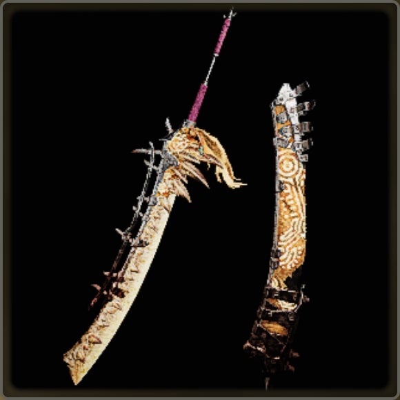 A close-up of a weapon in Monster Hunter Wilds against a black background. - 13
