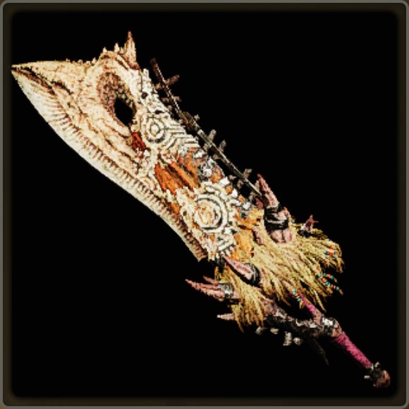 A close-up of a weapon in Monster Hunter Wilds against a black background.