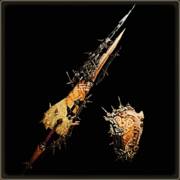 A close-up of a weapon in Monster Hunter Wilds against a black background.