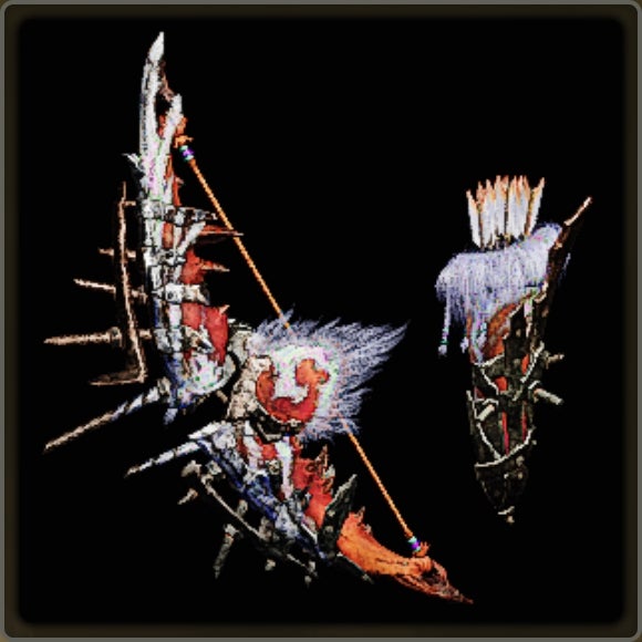 A close-up of a weapon in Monster Hunter Wilds against a black background.