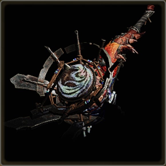 A close-up of a weapon in Monster Hunter Wilds against a black background.
