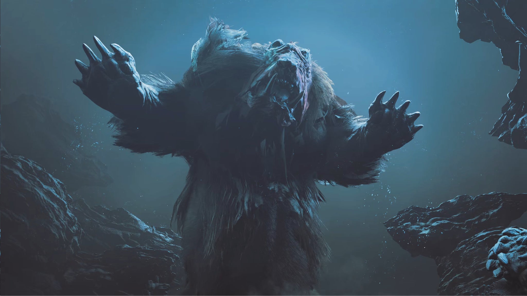 A Doshaguma, a large monster in Monster Hunter Wilds, stands on its hind legs and roars at the player hunter. - 9