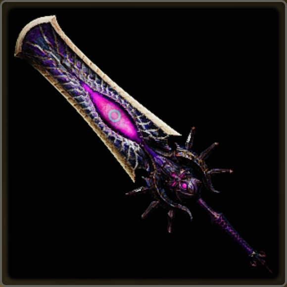 A close-up of a weapon in Monster Hunter Wilds against a black background.