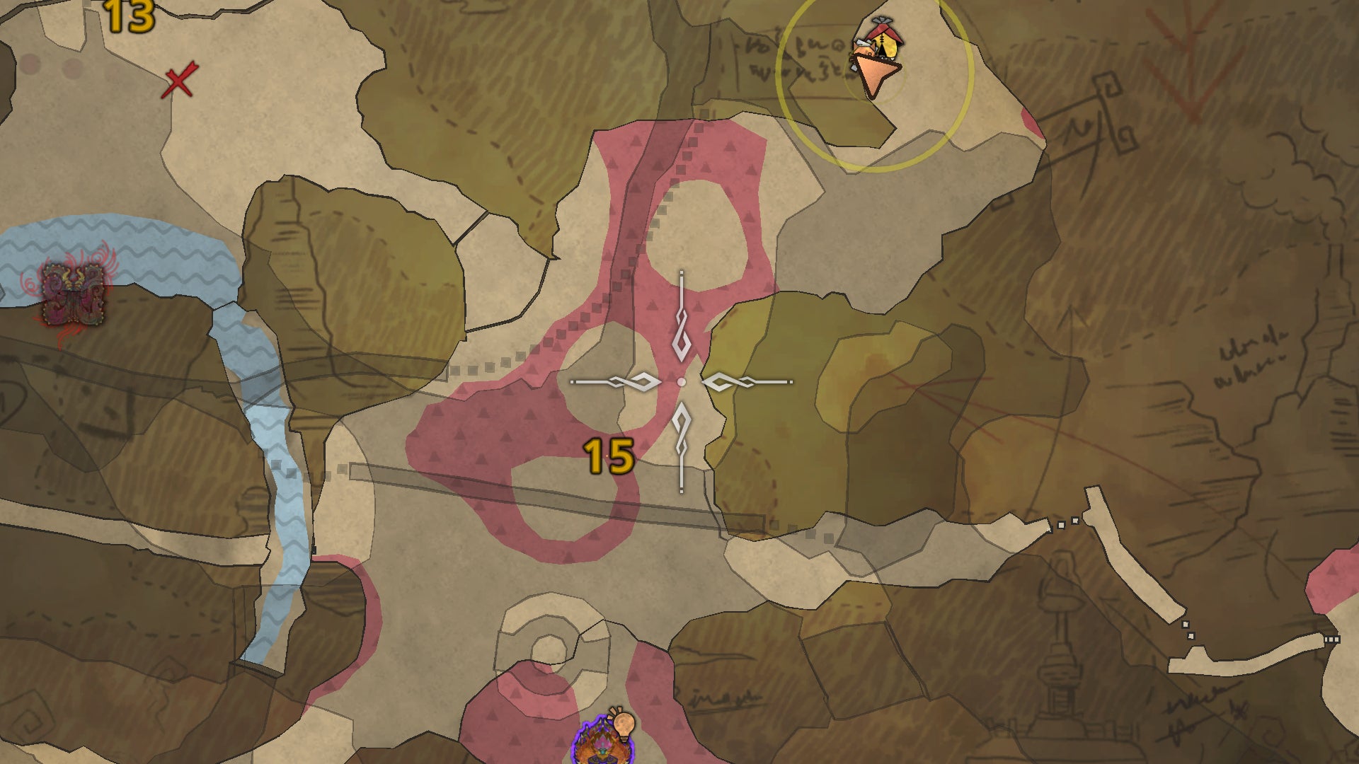 Part of the map of the Oilwell Basin in Monster Hunter Wilds, showing a lava lake and the location of some Ember Rufflizards. - 4