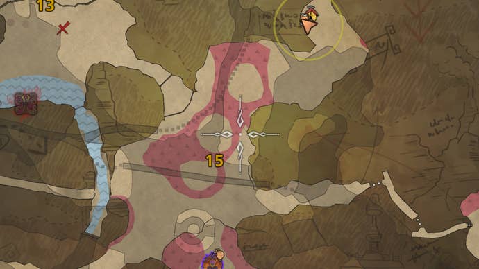 Part of the map of the Oilwell Basin in Monster Hunter Wilds, showing a lava lake and the location of some Ember Rufflizards.