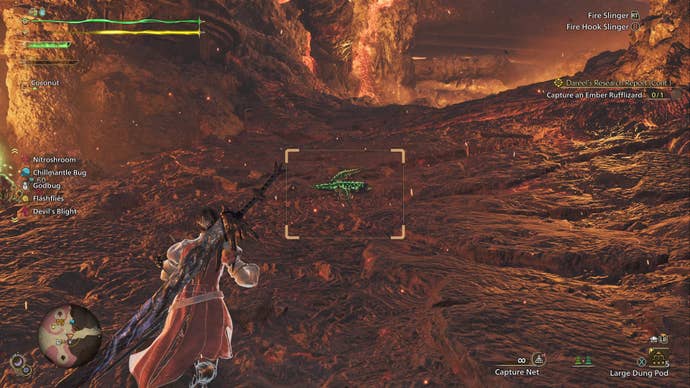 The player hunter in Monster Hunter Wilds prepares to cast their net to catch some Ember Rufflizards, green glowing lizards standing amid a hellscape of lava and rock in the Oilwell Basin.