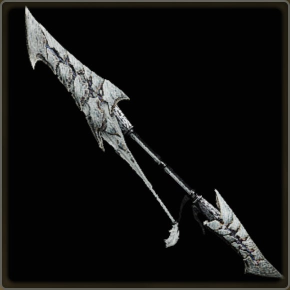 A close-up of a weapon in Monster Hunter Wilds against a black background.