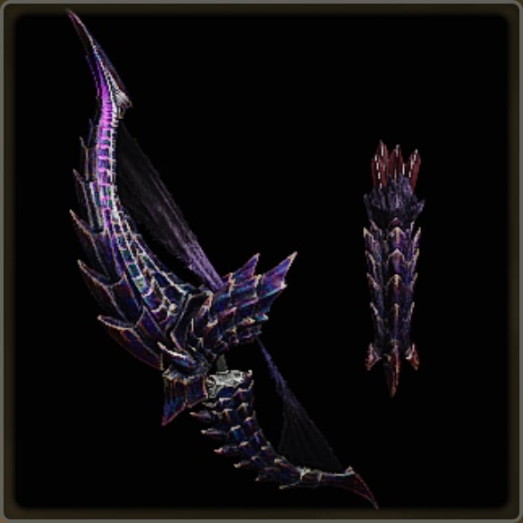 A close-up of a weapon in Monster Hunter Wilds against a black background.